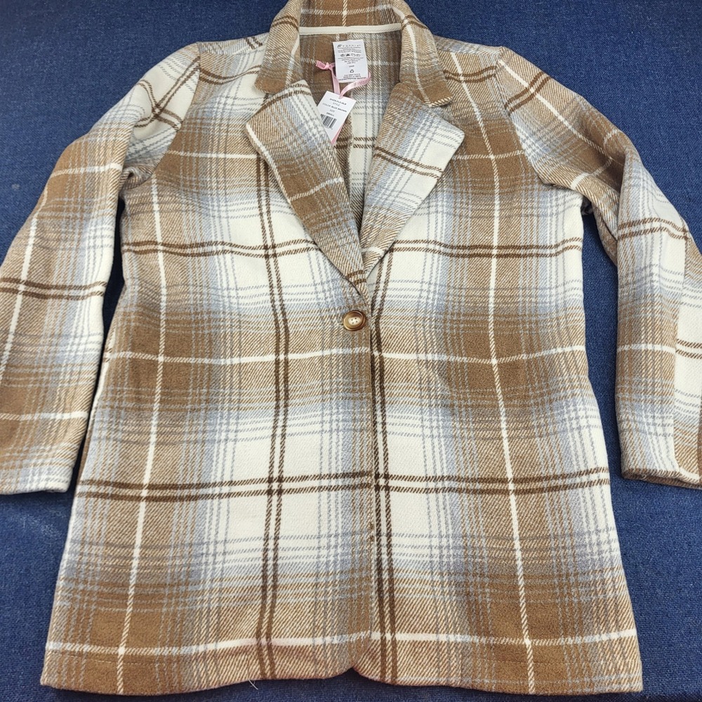 Fornia Los Angeles Plaid Shacket Blazer Blue Brown Small NWT Casual Cozy